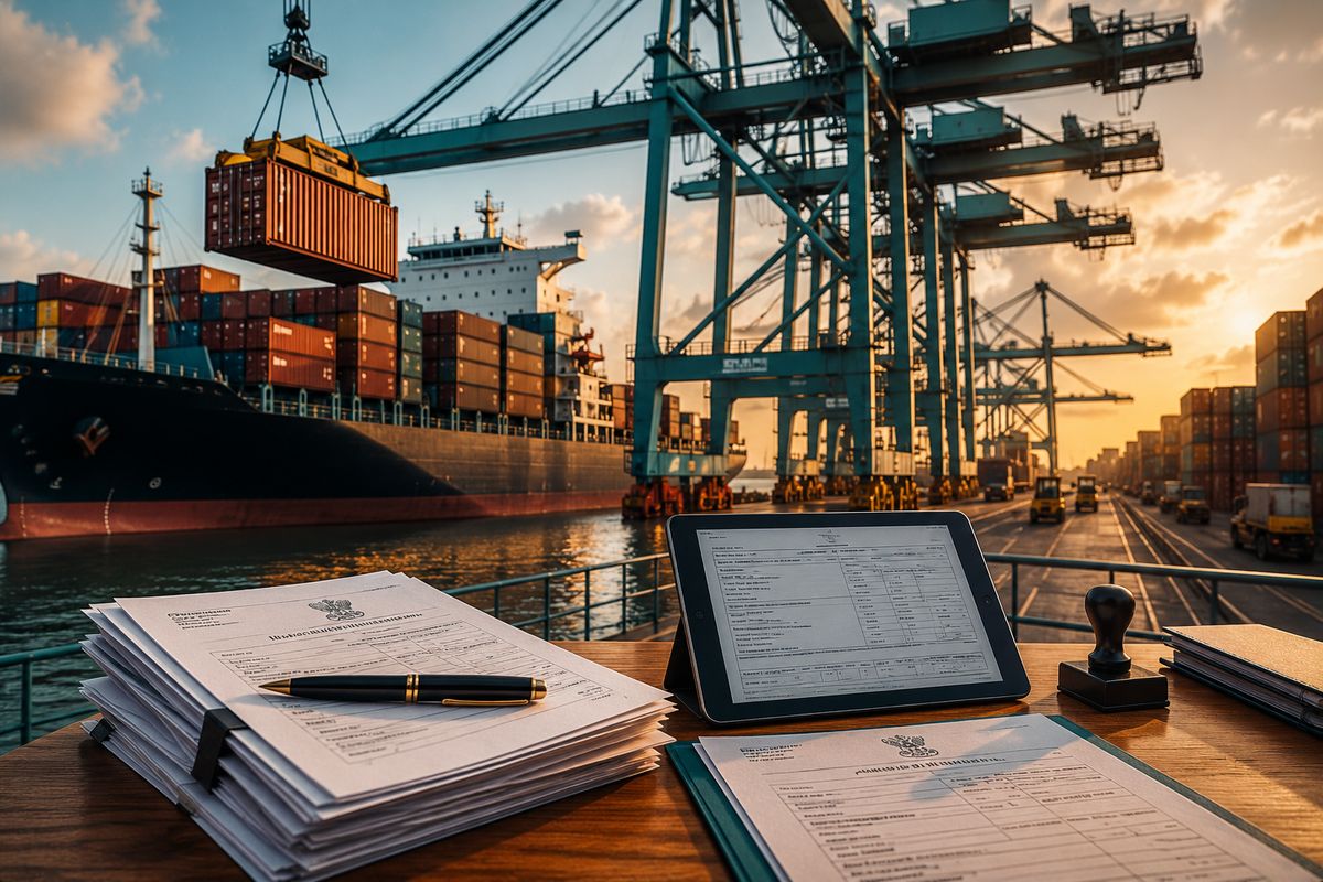 Container ship at a port with import documents in the foreground