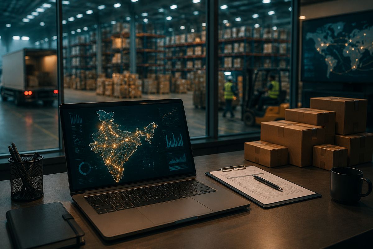 Laptop showing an India logistics map in a warehouse control office